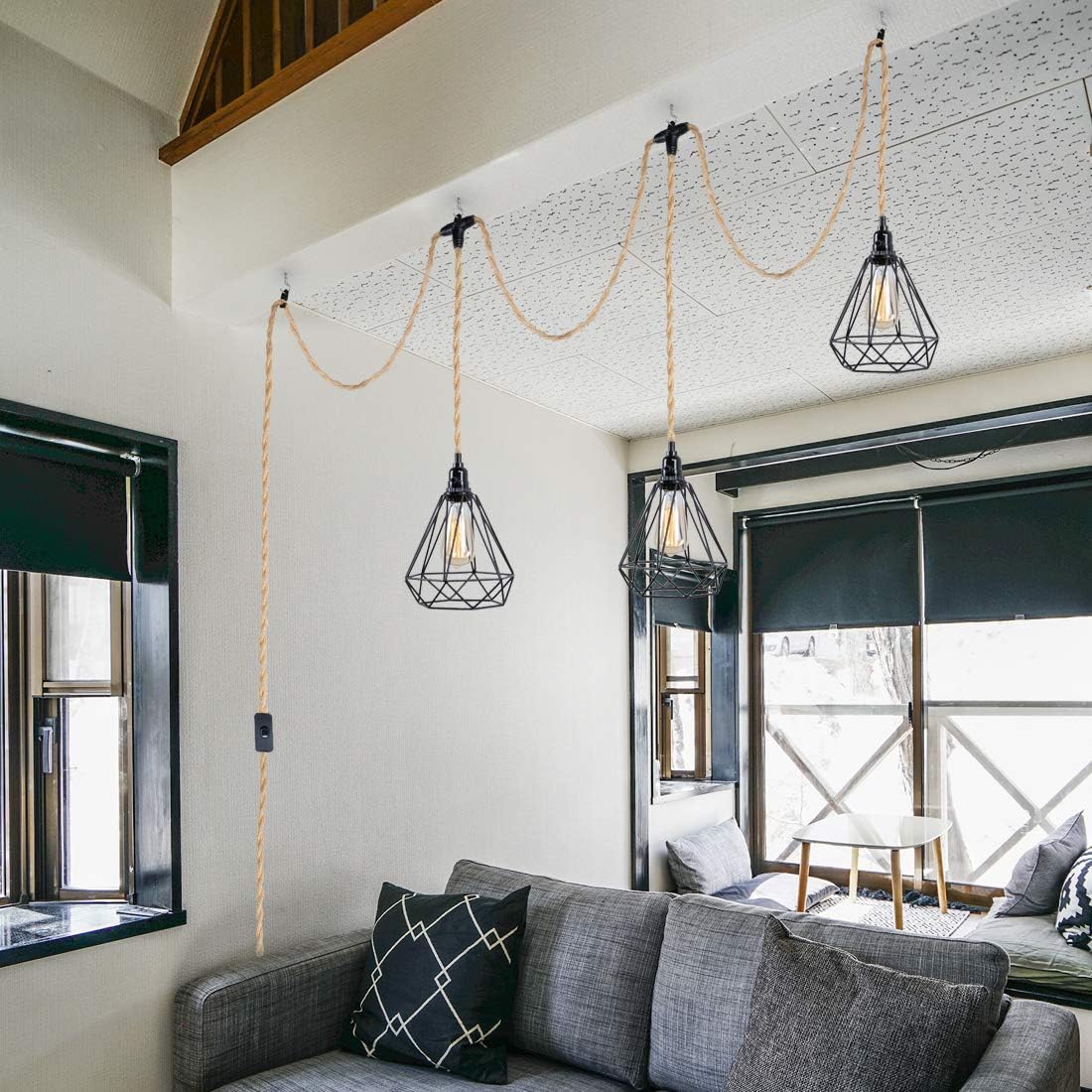 Triple Pendant Light Cord Kit with Independent Switch Hemp Rope Vintage Hanging Lighting Cord Fixture Compatible with E26 for Industrial DIY Projects Decoration - - 