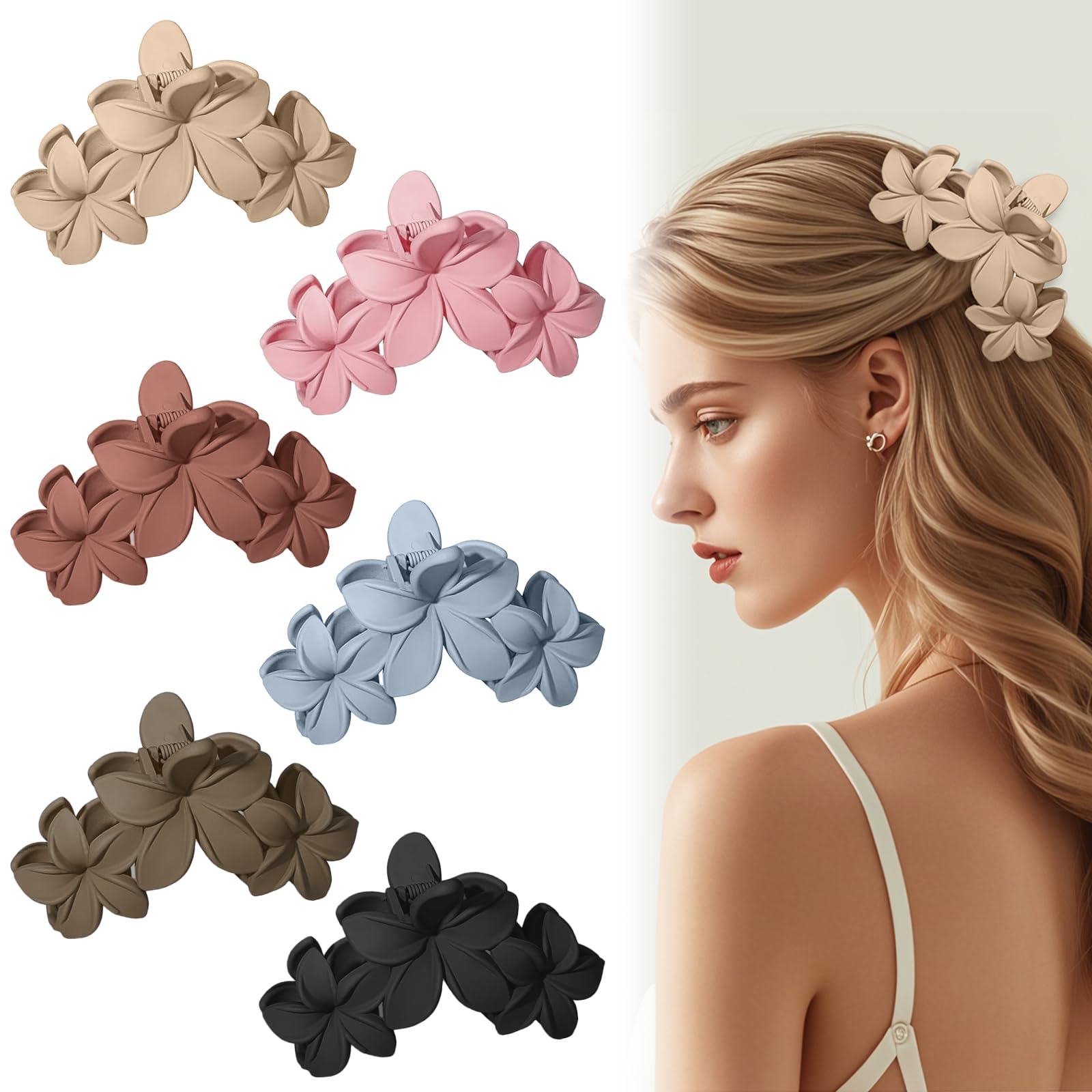 Home-X 6 PCS Flower Hair Claw Clips, Large Matte Hair Clips for Thick/Medium/Thin Hair, Hawaiian Hair Clips for Women/Girls, Cute Flower Hair Accessories