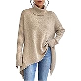 WDIRARA Women's Turtleneck Sweater Long Sleeve Asymmetrical Hem Pullover Oversized Knit Tops