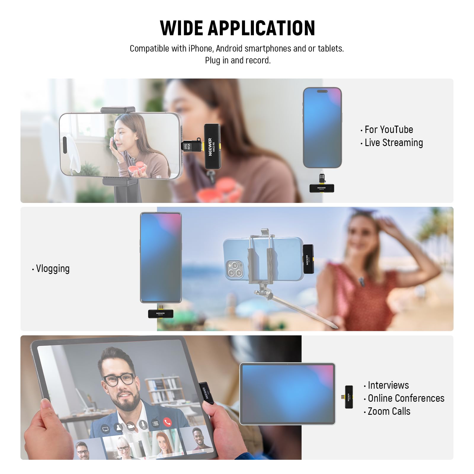 NEEWER Wireless Lavalier Microphone for iPhone Android Tablet PC Laptop 131ft/40m Range Noise Cancellation Omnidirectional Mic for Vlogging Live Streaming (1x RX + 2x TX), KM23