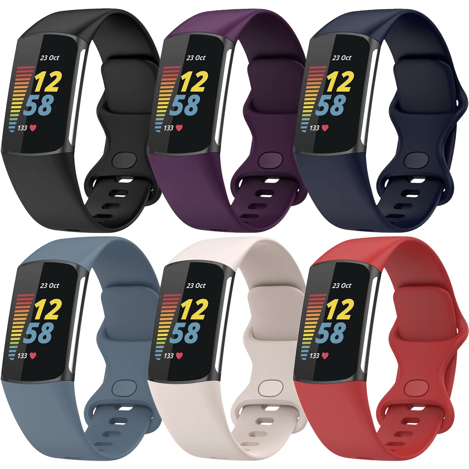 TopPerfekt Straps Compatible with Fitbit Charge 6 Strap, Adjustable Soft Silicone Sport Replacement Watch Band Wristbands Bracelet for Charge 5 Activity Tracker Women Men (6-pack 1, Small)