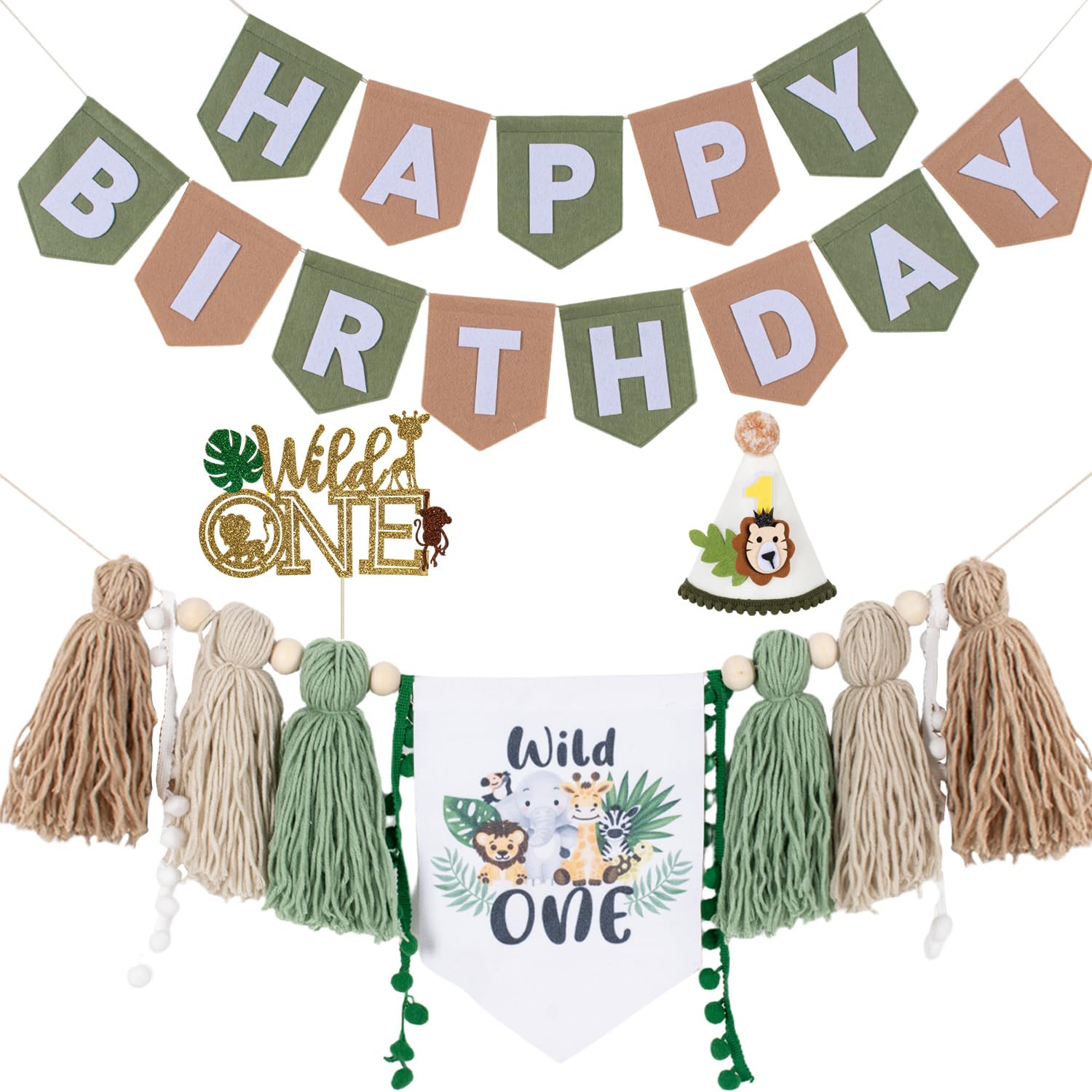Wild One 1st Birthday Decorations For Boys-Wild One High Chair Banner For First Birthday Jungle Party Decorations With Wild Ones Banner Safari Cake Topper & Birthday Hat,Safari Birthday Decorations