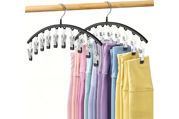 Legging Organizer for Closet, Metal Yoga Pants Hangers 2 Pack w/10 Clips Holds 20 Leggings, Space Saving Hanging w/Rubber Coa