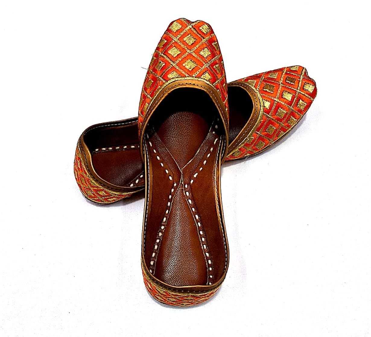 noor enterprises women's orange leather punjabi jutti