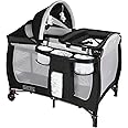 Kinder King 4 in 1 Portable Pack n Play, Baby Nursery Center Playard w/Bassinet, Large Playpen for Infant and Toddler, Newborn Changing Table, Adjustable Canopy, Storage Basket, Travel Bag, Black