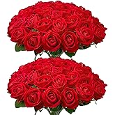 Wondrus Bulk Artificial Flowers 50 PCS, Fake Velvet Silk Red Roses with Long Stems Realistic Bouquet for Wedding Centerpieces, Faux Arrangement for Home Table Decor
