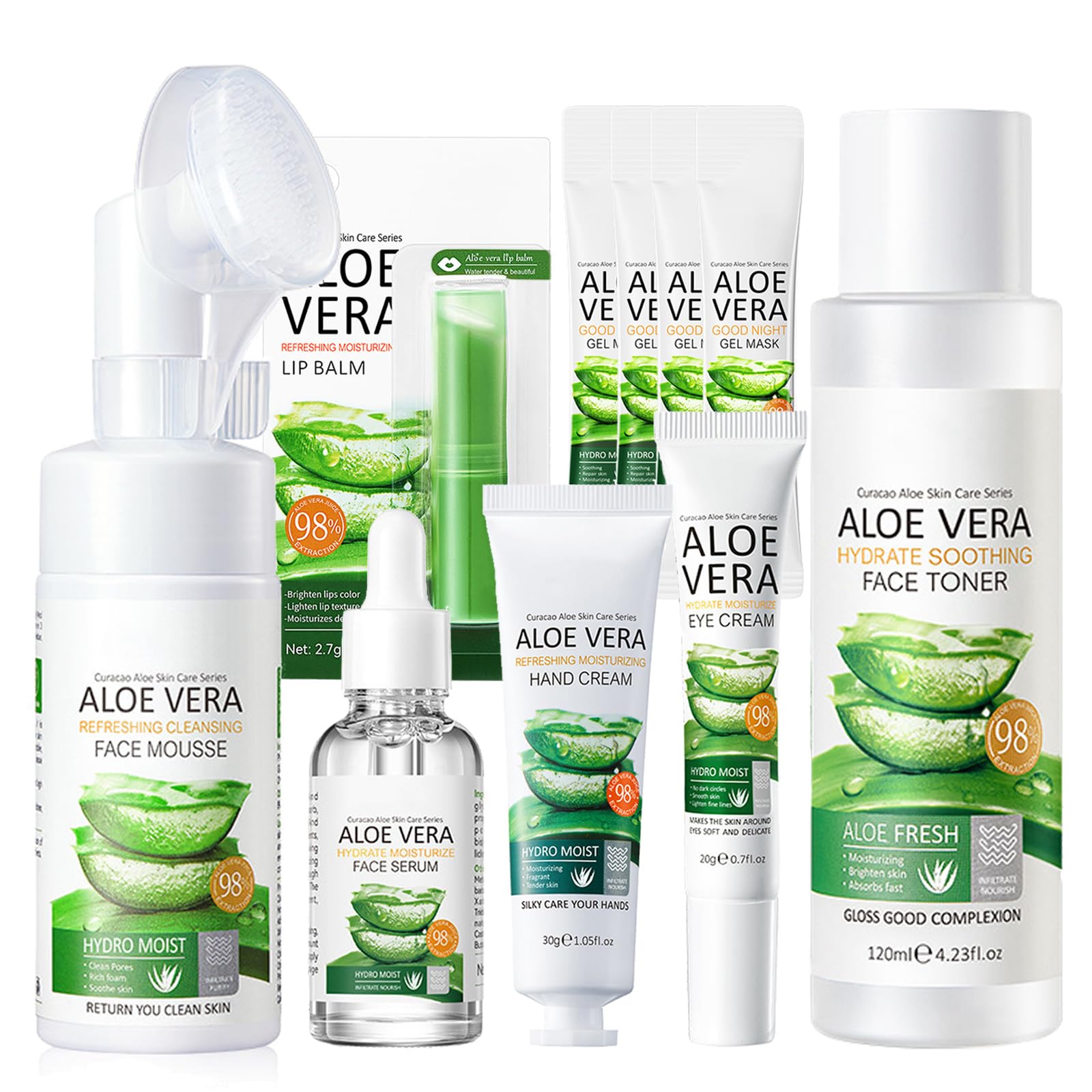 Skin Care Sets & Kits For Teenage Girls, 10PC Aloe Vera Skin Care Set, Skincare Set With Gel Mask,Face Serum,Cleansing Mousse,Hand Cream,Lip Balm,Eye Cream,Toner for Women Gifts