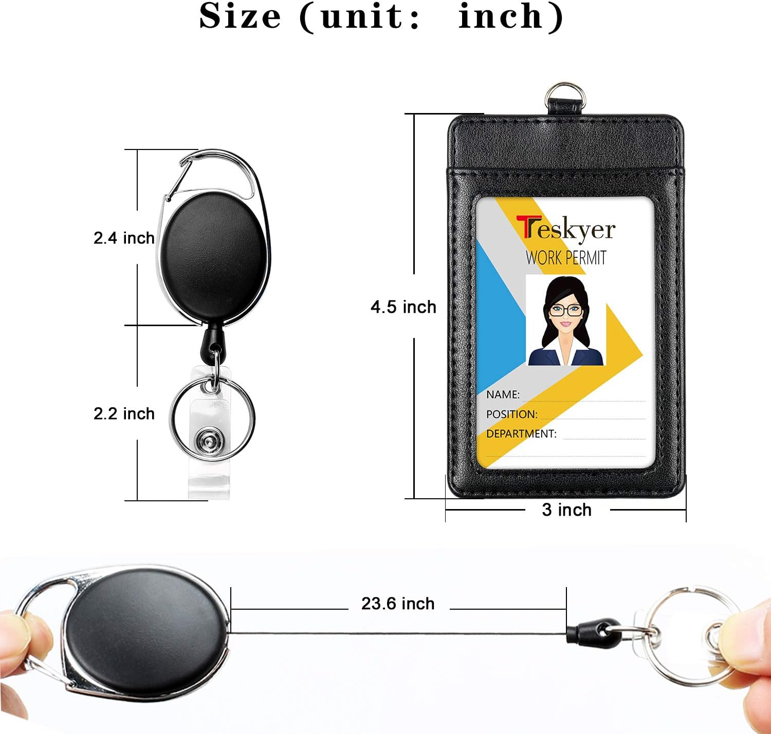 Teskyer 2 Value Pack Leather Badge Holders and Heavy Duty Retractable Badge Reels Set, Vertical Premium ID Card Holders with 2 Card Slots, 24 inch Kevlar Cord with Carabiner Reel Clip : Office Products