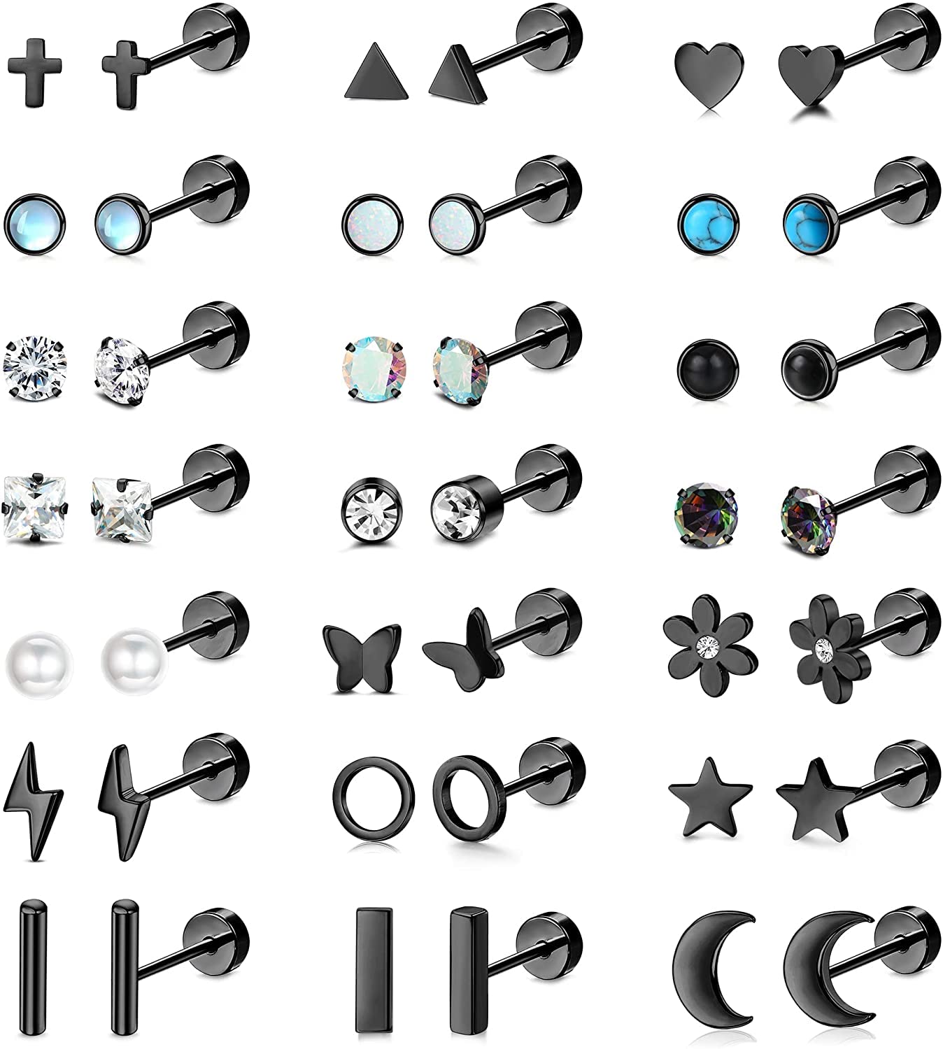 ADRAMATA 21Pairs Flat Back Earrings for Women 20G Stainless Steel Stud Tiny Cartilage Earrings Stud Earrings for Cartilage Tragus Daith Helix Ear Piercing Comfortable Screw Flat Back Stud Earrings