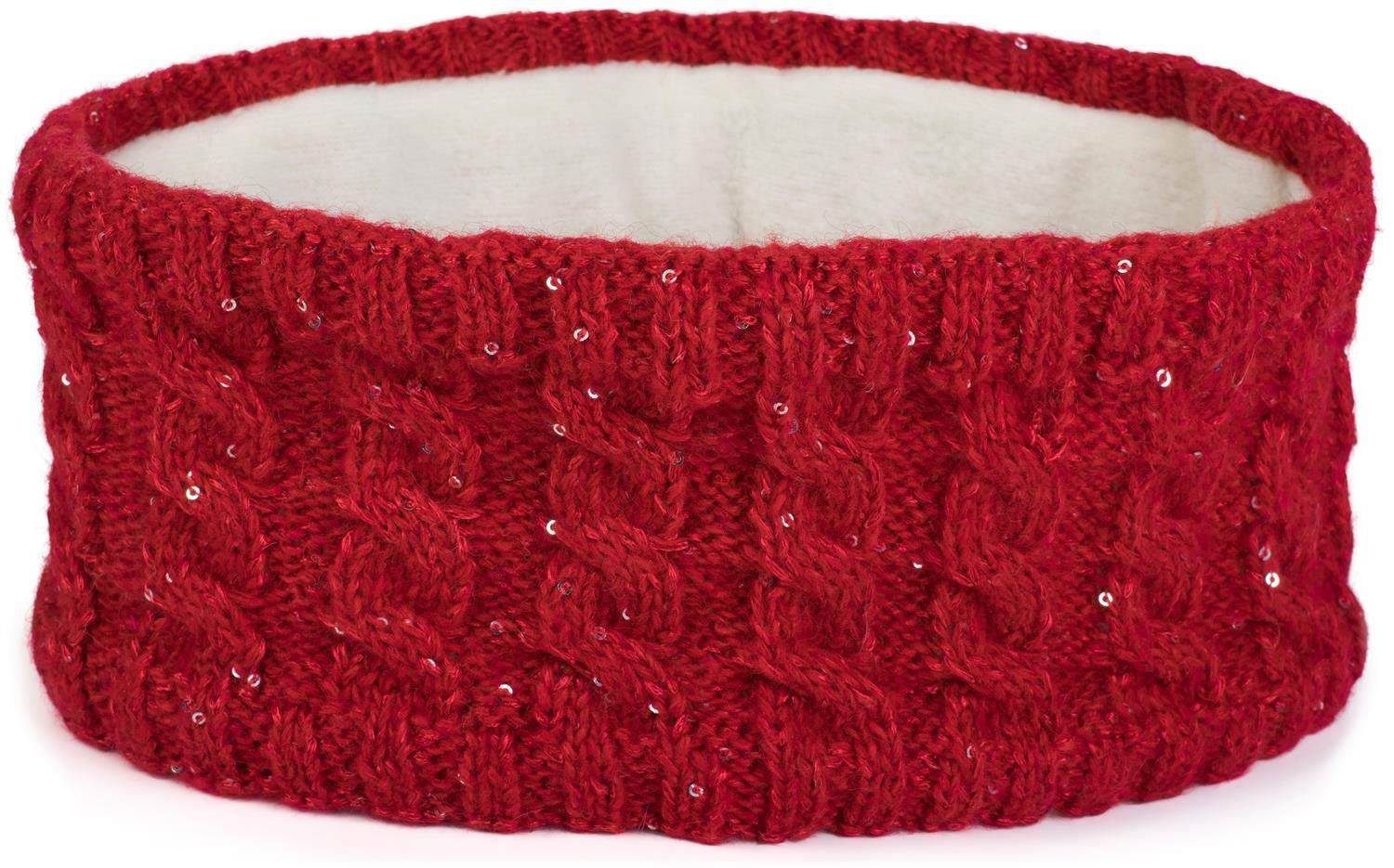 styleBREAKER women knit headband with plait pattern and sequins, fleece lining, hairband, headband, women 04026028, color:Red