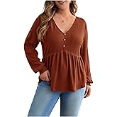 SHENHE Women's Plus Size Long Sleeve Peplum Top Ribbed Knit V Neck Flowy Going Out Babydoll Shirt