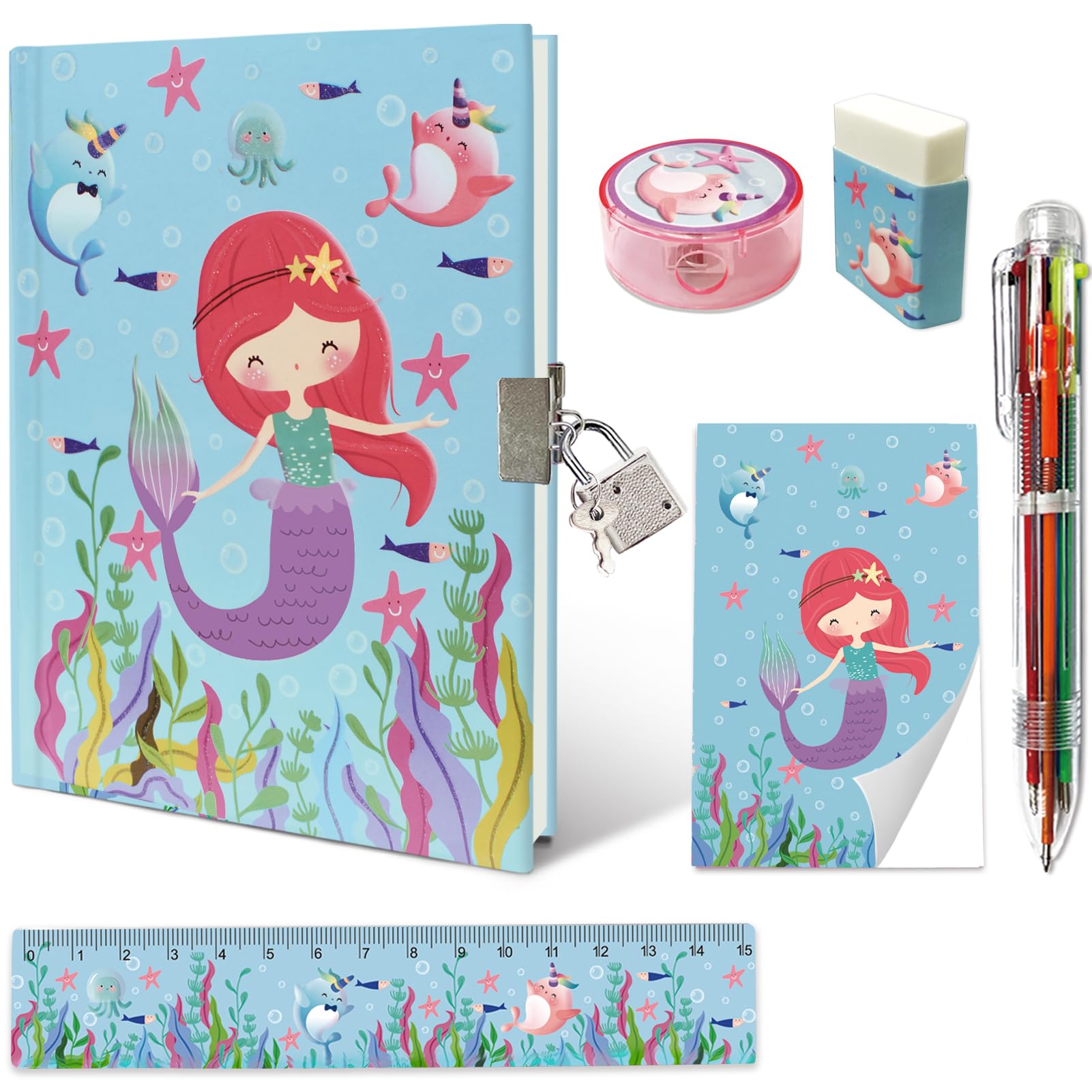Set of Secret Diary for Girls, 6Pcs Stationery Set incl. Mermaid Diary with Lock 6 Multicolor Pen Memo Ruler Eraser Sharpener Kids School Supplies Kit for Girls