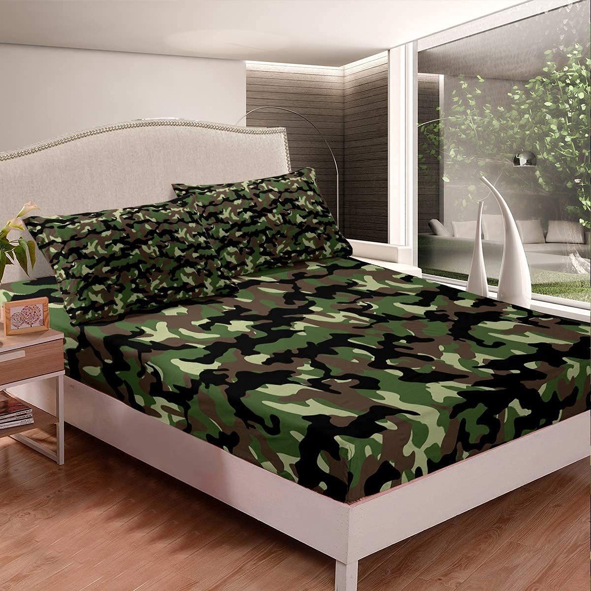 Loussiesd Camo Bed Sheet Set Force Hidden Army Green Sheets Retro Camouflage Pattern Print Bedding Set Modern Marble Texture Fitted Sheet Bedroom Collection 2Pcs Single Size