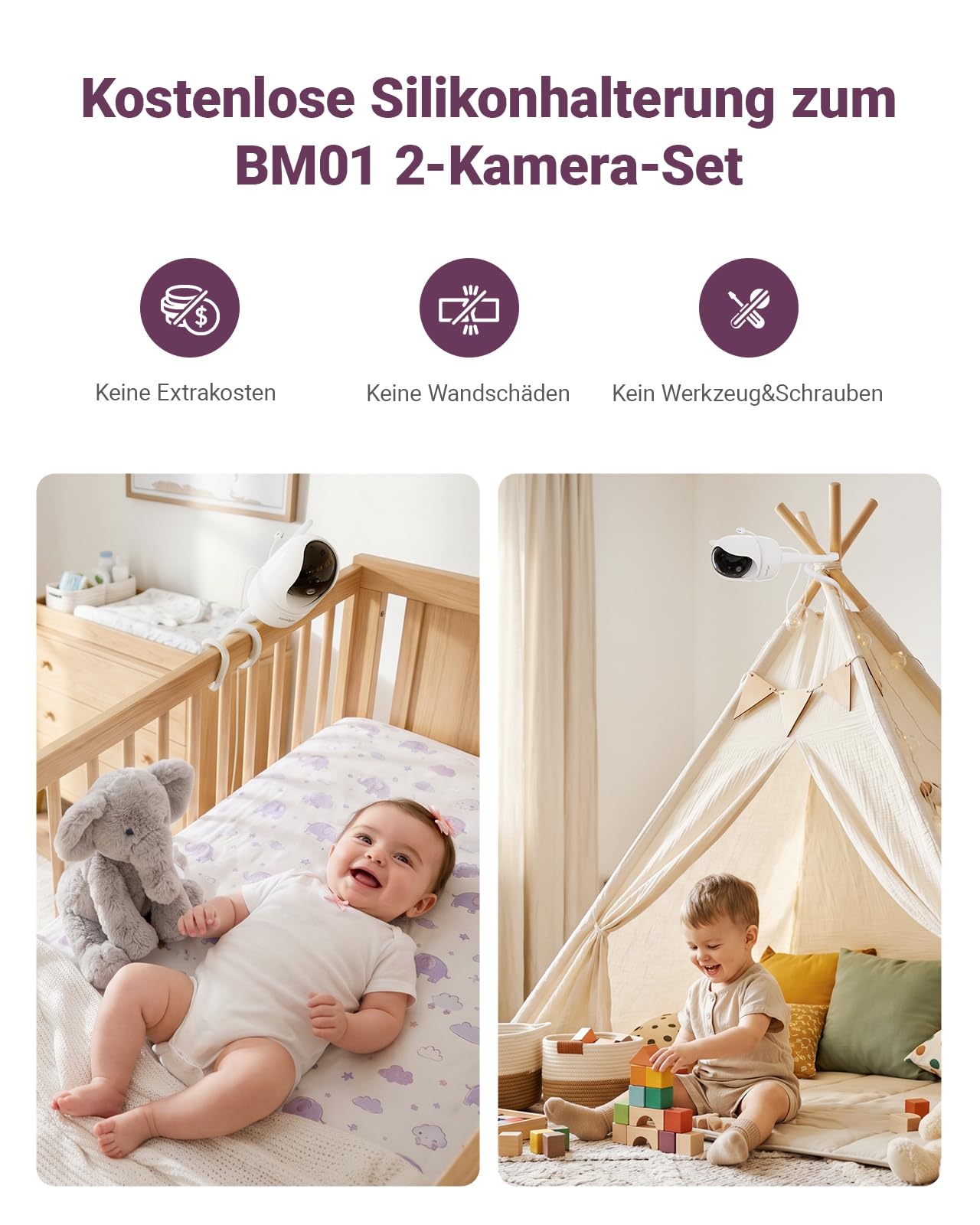 Comfyer BM01 Split-Screen Babyphone mit 2 Kameras, 7" HD 720P ohne WLAN mit Halterung, IR-Nachtsicht VOX-Modus mit Sound-Alarm 2-Wege-Audio 6000mAh 300M Reichweite Videoüberwachungsgerät 9