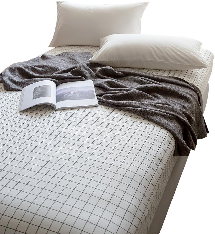 OTOB 100% Cotton Black White Grid Sheets Children Fitted Sheets Soft Single Deep Plaid Fitted Bed Sheet Full Queen Size (Full/Queen, Black White)