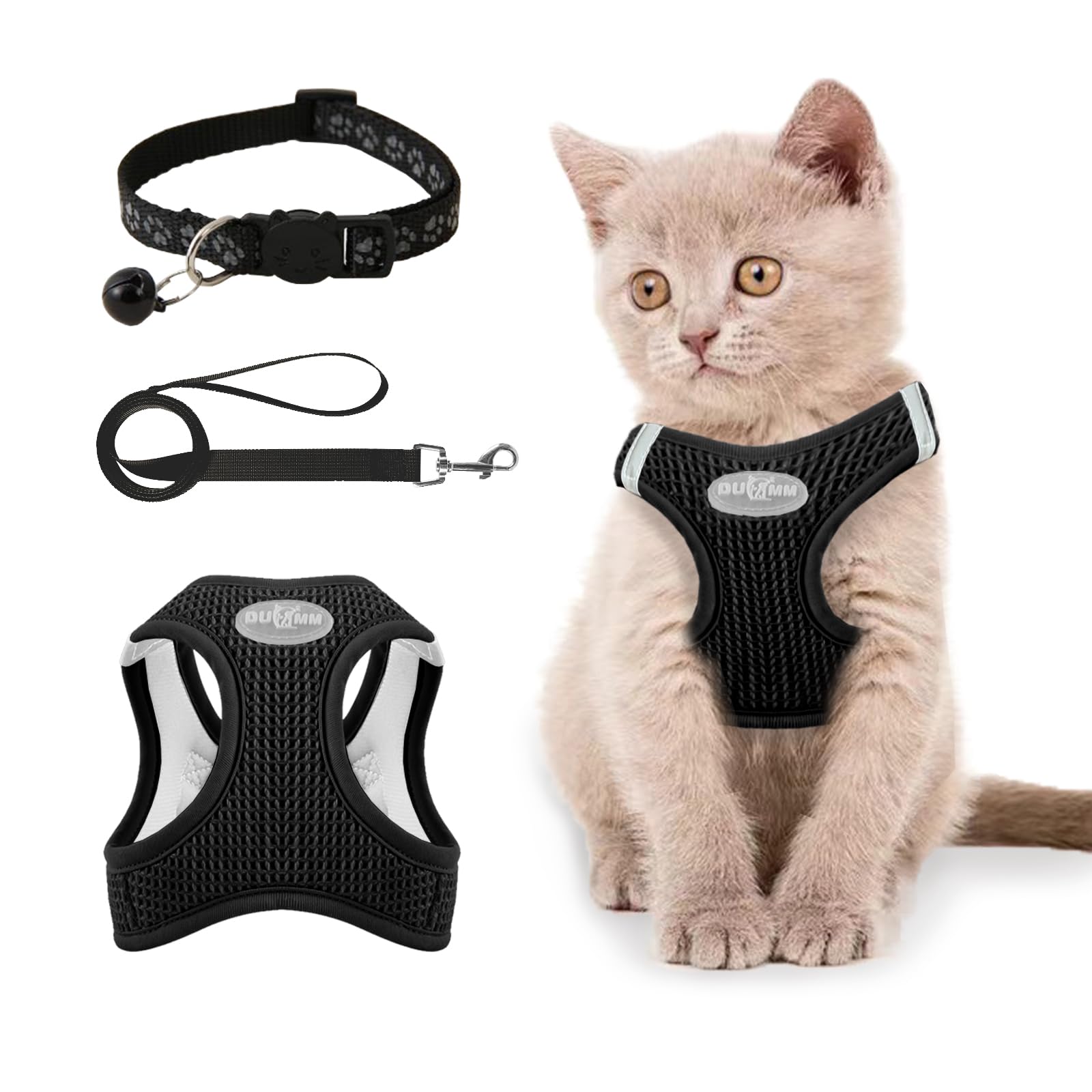 Muecleao Cat Harness and Lead Set, Adjustable Cat Harness for Walking Escape Proof, Soft Kitten Harness and Lead Set Vest with Reflective Strip for Cats Dogs Pets Walking (Black, M)