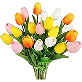 DEEMEI Tulips Artificial Flowers 20 Pcs Multicolor Fake Tulip Stems Real Touch PU Tulips for Easter Spring Wedding Bouquet Home Centerpiece Floral Arrangement Table Décor