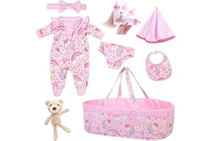 ECORELF 8 Pcs Baby Doll Clothes with Bassinet for 16-18 inch Baby Doll Reborn, Baby Doll Accessories Clothes Outfit Including Doll Nursing Bottle Bib Headband with Unicorn Pattern