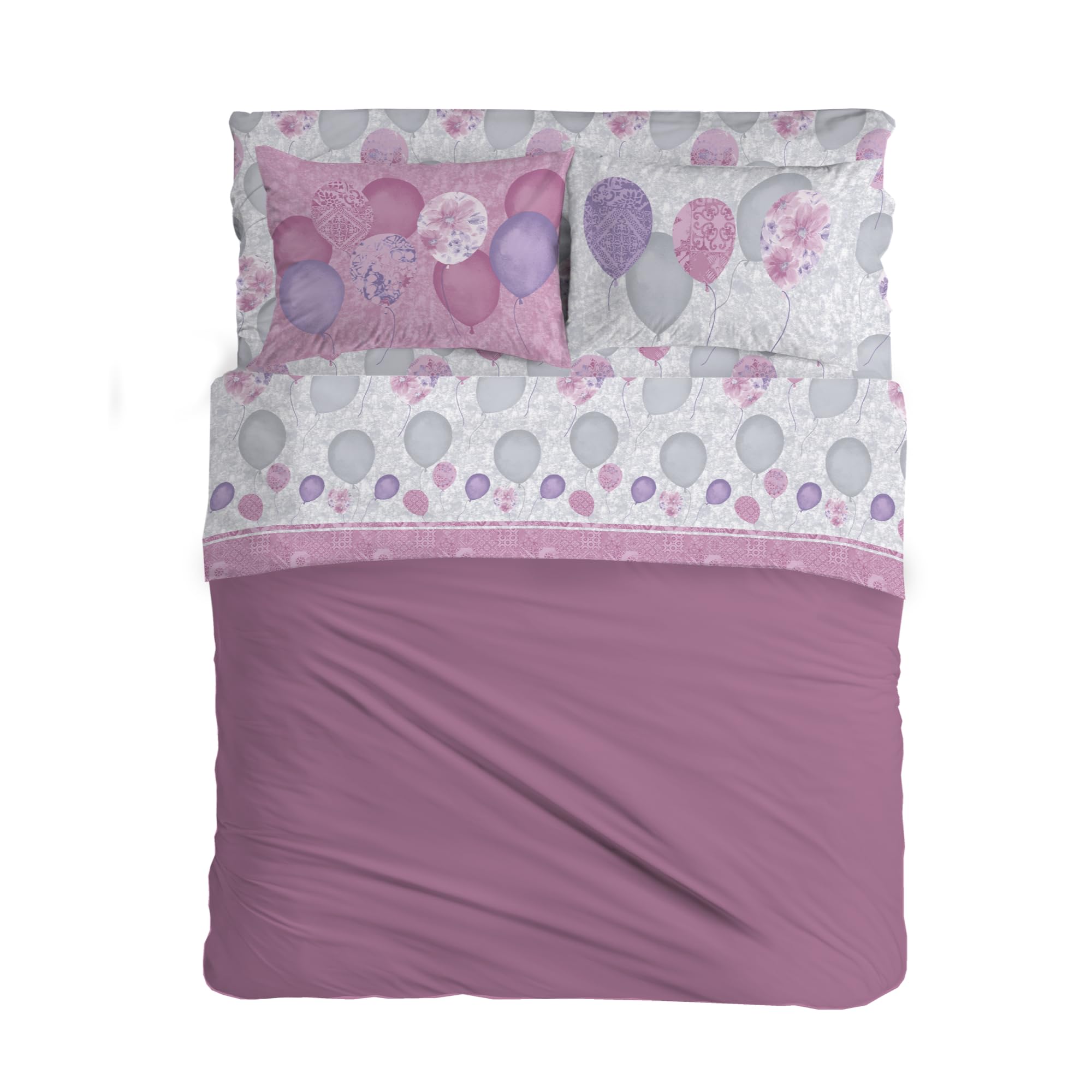 PENSIERI DELICATI Double Bed Sheet Set, 100% Cotton, 180 x 200 cm Double Bed Sheet Set, Includes Bottom Sheet, Top Sheet and 2 Pillowcases, Made in Italy, Pink Balloons Pattern