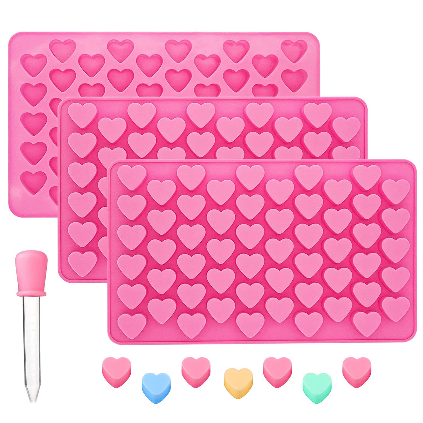 BREEZO Heart Shape Silicone Chocolate Molds, 3 Pieces 55-Cavity Candy Gummy Molds Ice Cube Baking Accessoire for Party Cake Decoration with 1 Dropper