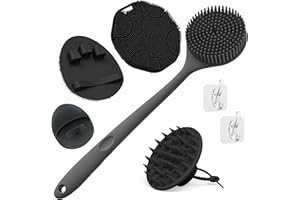 Manmihealth Silicone Back Scrubber & Soft Bath Glove, Silicone Scalp Massager Set 5 PCS, Super-Exfoliating Body Scrubber Shower Brush & Shampoo Brush Combination, with 2 Free Hooks (Style 1 Black)