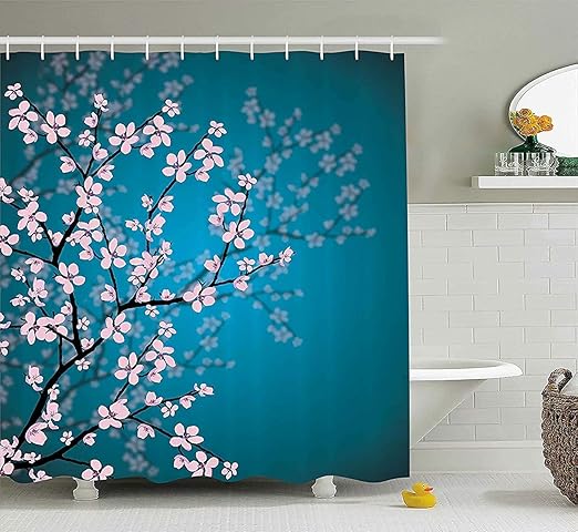 Amazon Com Ashasds Shower Curtains Teal Shower Curtain Pink Blossoms Petrol Blue Pink Shower Curtain Clear Waterproof Fabric Bathroom Decor With Hooks Bathroom Products Home Kitchen