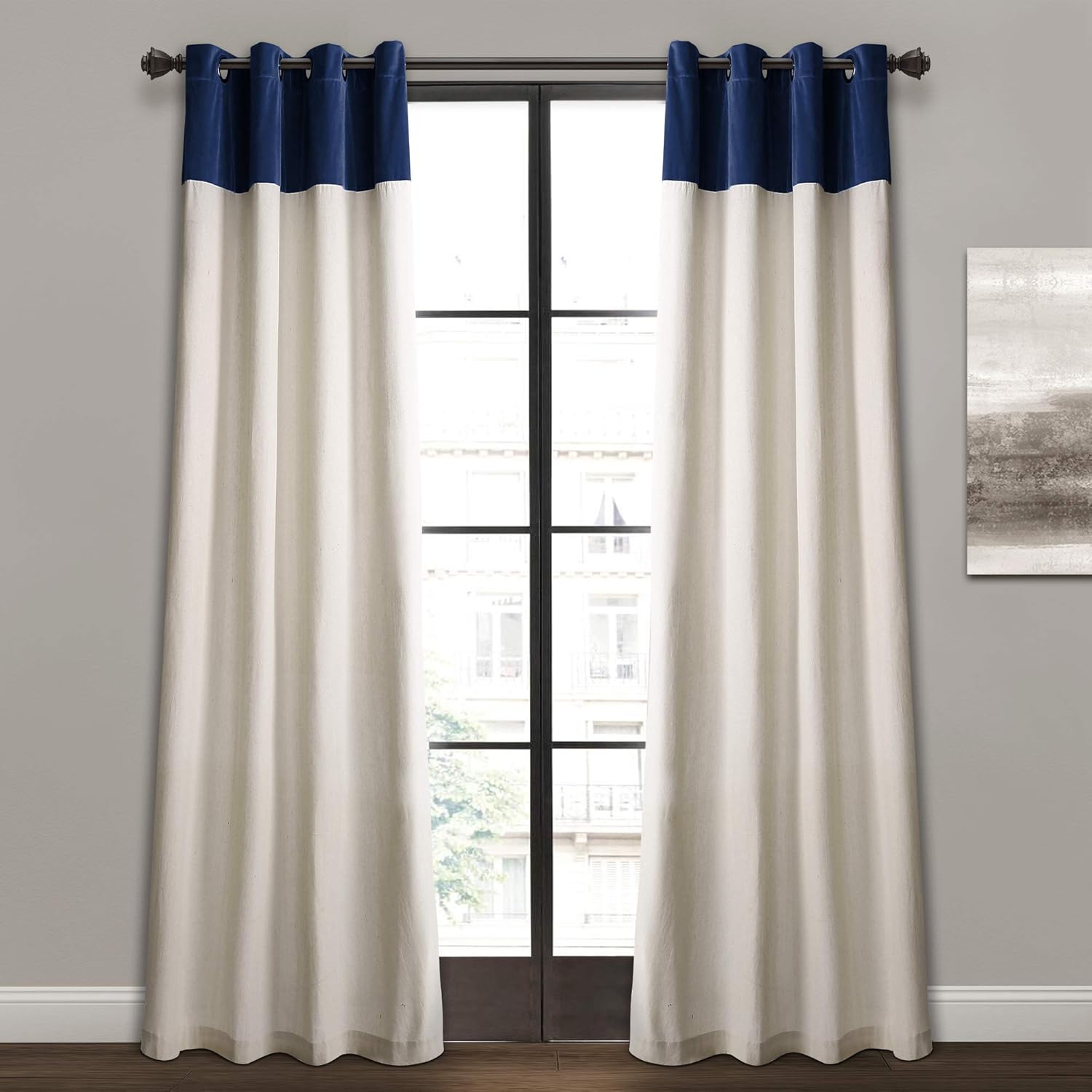 Lush Decor Milo Linen Window Curtain Panel Pair, 84" x 52", Navy & Off-White, Navy