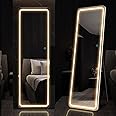 LVSOMT Full Length Mirror with LED Lights, Free Standing Tall Mirror, Lighted Floor Mirror, Wall Mounted Hanging Mirror, Full Body Mirror w/Dimming & 3 Color Lighting for Bedroom (63"x20", White)