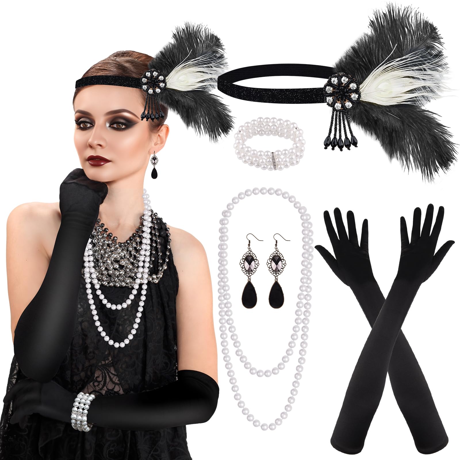 PLULON 8 Pieces 1920s Flapper Great Gatsby Accessories Set Fashion Roaring 20's Theme Set with Headband Headpiece Long Black Gloves Necklace Earrings for Women
