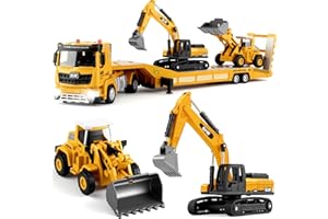 WOHEIHEI Lowboy Trailer with Excavator & Wheel Loader: 1:40 Alloy Construction Set - Inertia, Lights & Sounds, Movable Parts - Includes Batteries (Ages 3+)