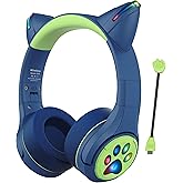 Riwbox CF9 Cat Ear Kids Bluetooth Headphones with LED Light Up,Safe 85dB Volume Limit,Built-in Mic&Boom Mic for Calls,Kids Wireless&Wired Headphones for Tablet/Airplane/School/Online Learning(Blue)