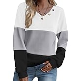 Zeagoo Women Waffle Knit Tops V Neck Long Sleeve Tunics Color Block Casual Blouse Fall Fashion 2026 Button Decor T Shirt