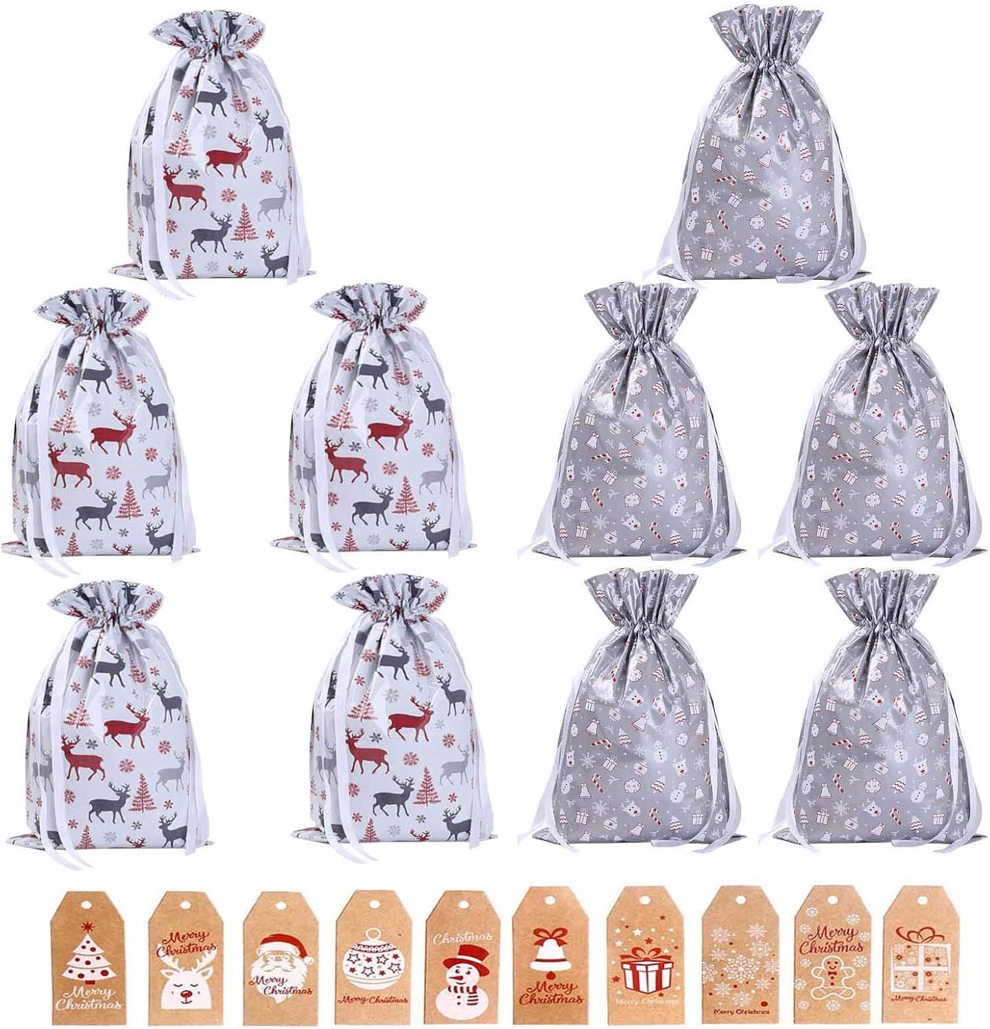 Christmas Wrapping Drawstring Gift Bags,10PCS Xmas Wrapping Bags Medium (16.5inX11.4in),Christmas Foil Drawstring Presents Bags