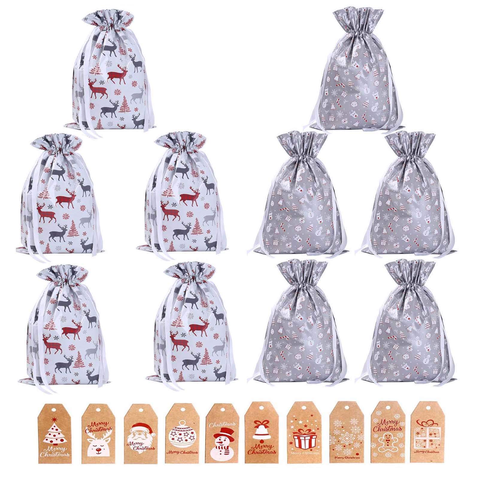 Christmas Wrapping Drawstring Gift Bags,10PCS Xmas Wrapping Bags Medium (16.5inX11.4in),Christmas Foil Drawstring Presents Bags