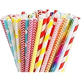BEISHIDA 100 Pcs Paper Straws, Assorted Rainbow Striped Straws for Drinking, Crafts and Party Supplies