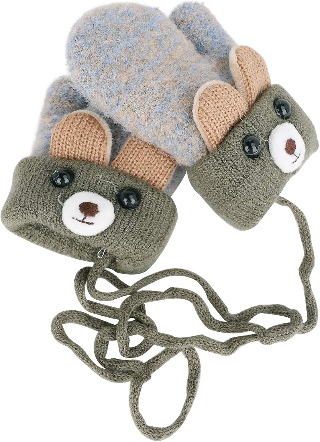 RUIXIA Kids Winter Knitted Gloves Cute Cartoon Bear Hang Neck Mittens Newborn Baby Warm Mitten Thicken Cashmere with Rope Mitten Thermal Full Finger Wrist Glove Boy Girl 0-3Y Gift - Image 3