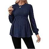 MakeMeChic Women's Maternity Tee Shirt Crew Neck Rib Knitted Long Sleeve Peplum Tops