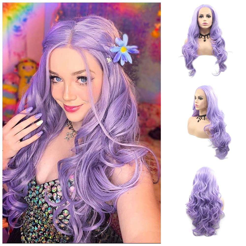 Purple Long Loose Wave Synthetic Lace Front Wigs For Women Natural Hairline Half Hand Tied Bright Color Wigs 24inch