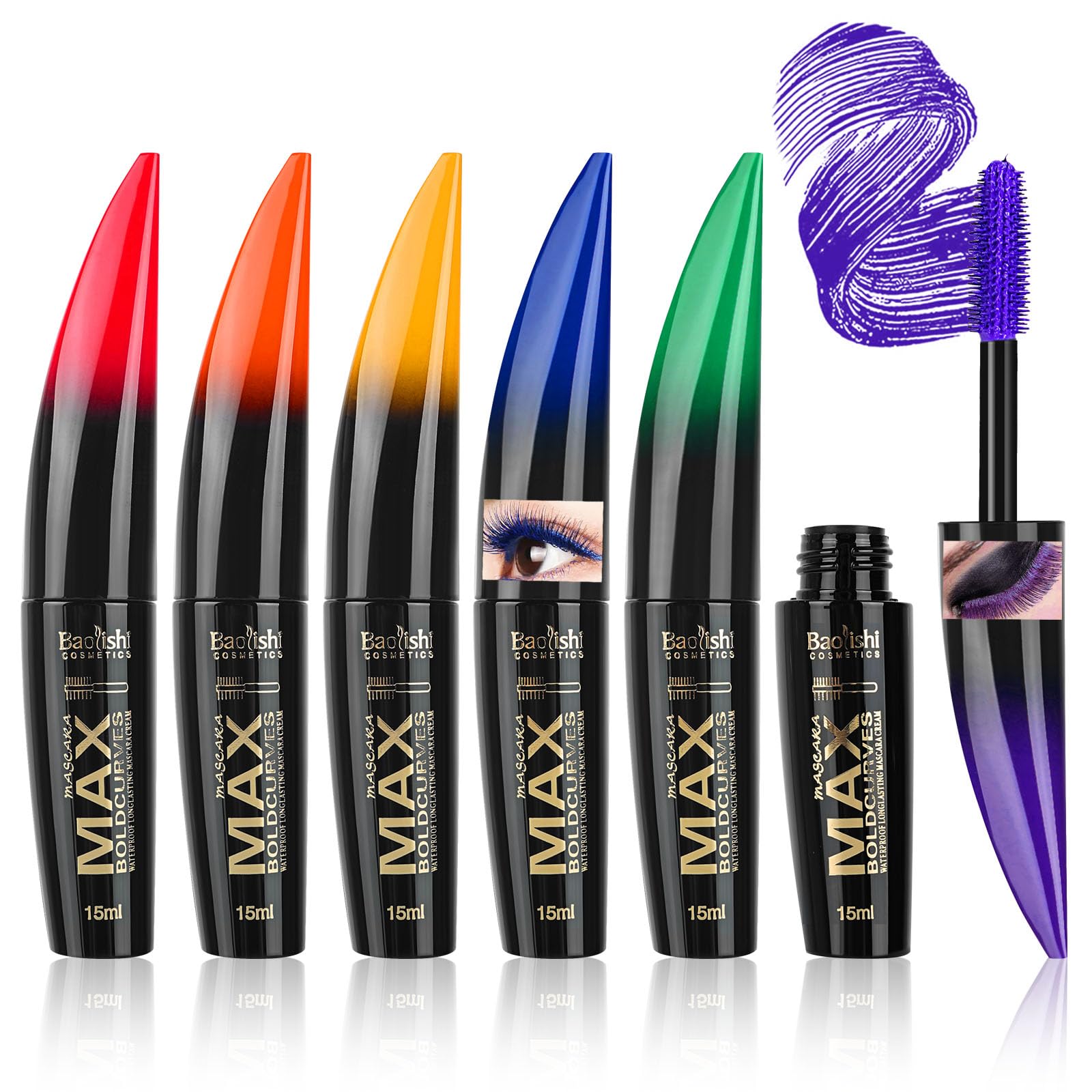 RoseFlower 6 Colors Colorful Mascara Set, Natural Waterproof Mascara 5D Lash Mascara Volume Eye lash Long-lasting Volumising Curling Charming Eye Makeup(Blue/Purple/Green/Red/Yellow/Orange Mascara)