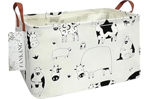 FANKANG Storage Basket,Nursery Hamper Canvas Laundry Basket Foldable with Waterproof PE Coating Storage, Office, Bedroom, Clothes,Toys(L, Rec-cows)