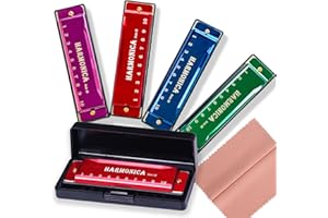 4 Pack C Key 10-Hole Harmonicas Set, Blues Harmonica with Case & Polishing Cloth, Musical Instruments for Adult Beginners(Gre