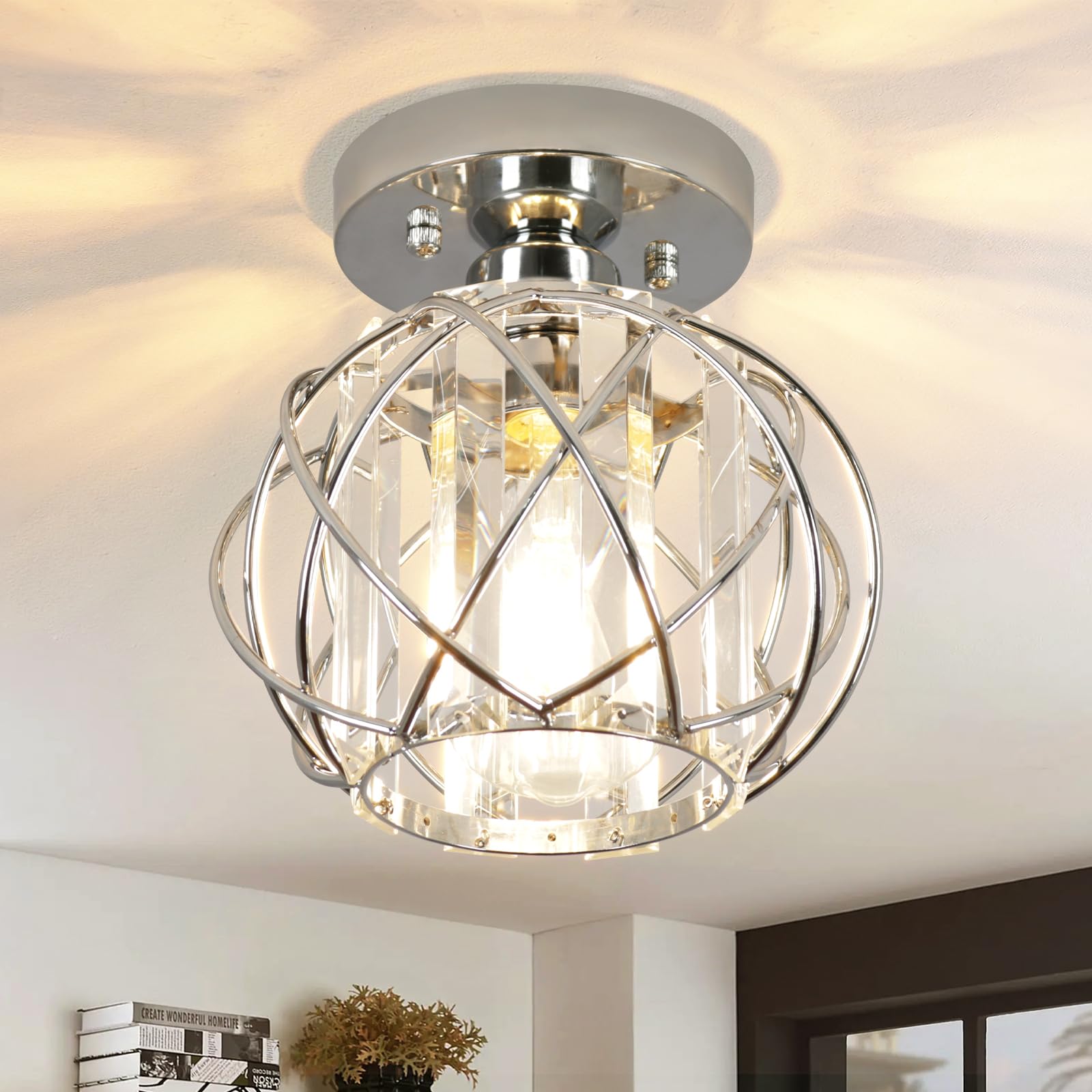 Photo 1 of Loiogohot Hallway Light Fixtures Ceiling,Modern Chrome Crystal Ceiling Lights Fixture, Semi Flush Mount E26 Small Hallway Lighting Fixtures Ceiling Light for Porch Entryway Foyer Bathroom