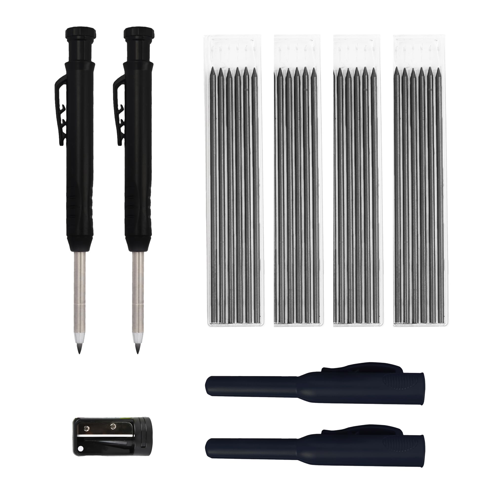 ANBOO Carpenter's Pencils Set, 2 Solid Carpenter's Pencils with 24 Pencil Leads, Deep Hole Marker Pencil with Built-in Sharpener for Drill Hole Markers on Wood, Metal, Concrete Tiles (Black)
