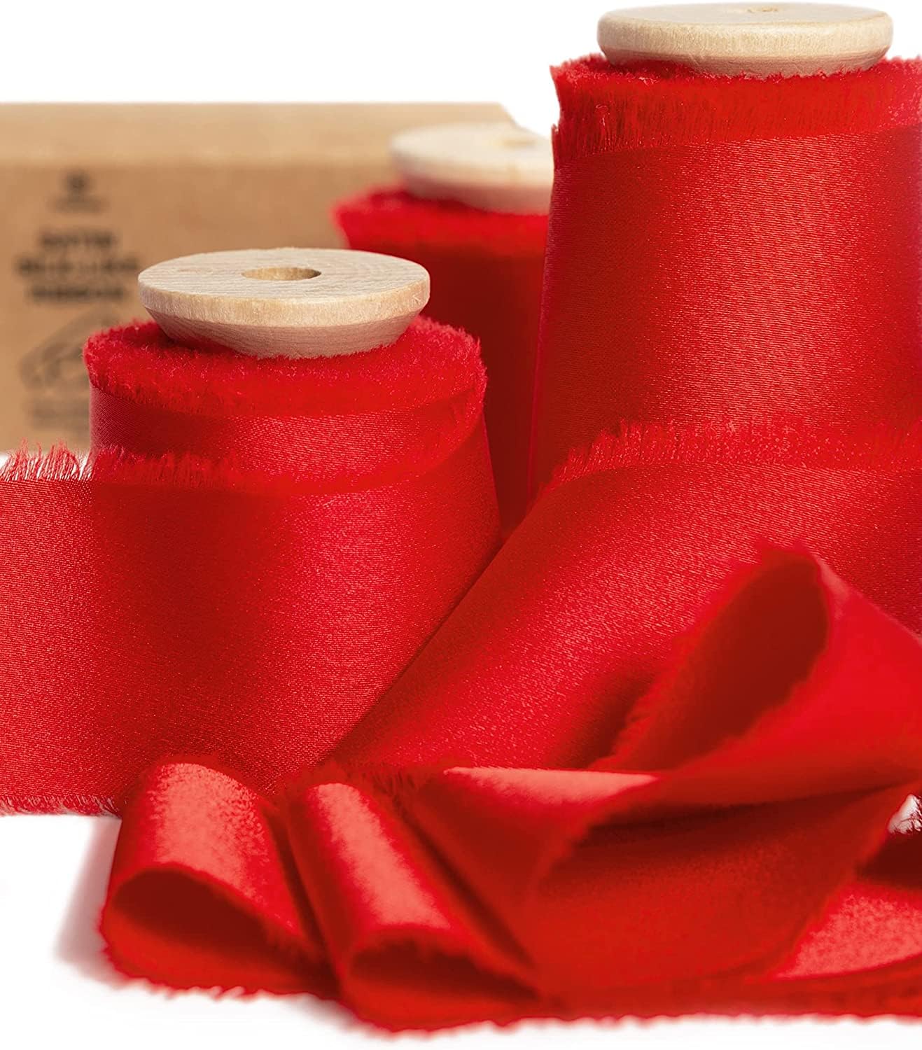 Vitalizart Red Silky Satin Ribbon, 1.5'' x 15 Yard with Wooden Spool, Handmade Fringe Chiffon Ribbons for Gift Wrapping, Festive Decoration, DIY Craft, Wedding Bridal Bouquet