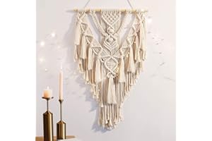 ANROYE Macrame Boho Wall Hanging Decor, Geometric Woven Tapestry Chic Cotton Handmade Bohemian Art with Long Tassel, Craft Ornament for Dorm Home Bedroom Western Room Decoration Gift for Women