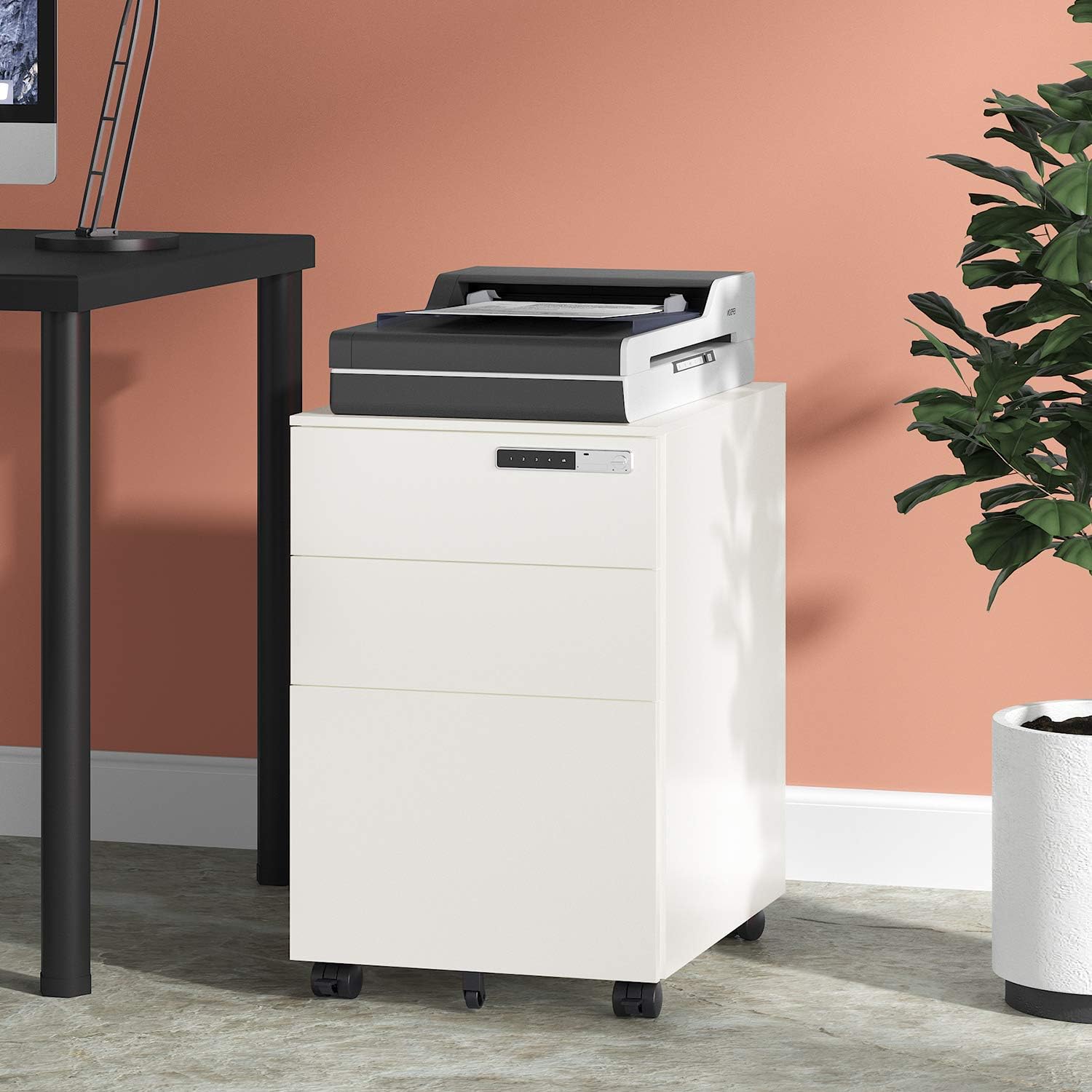DEVAISE 3-Drawer Mobile File Cabinet with Smart Lock, Pre-Assembled Steel Pedestal Under Desk, White: Kitchen & Dining