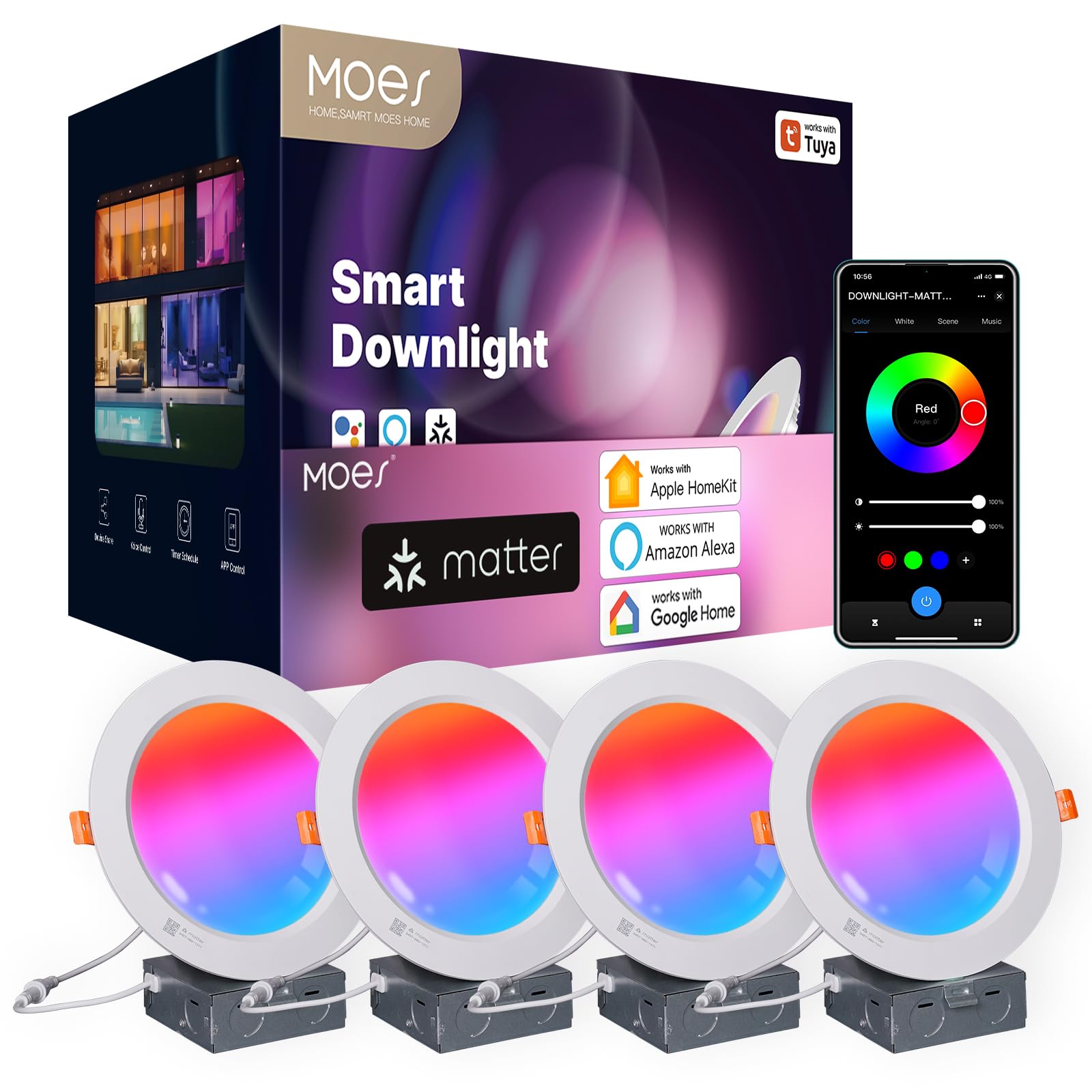 BIRRAY 2 Inch Smart Recessed Lights - WiFi RGB & Dimmable LED Downlights, Alexa/Google Compatible (4 Pack, 5W)