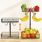 NANAGIFTREE 4-Level Adjustable Height Fruit Basket for Kitchen Countertop, 2-Tier Fruit Bowl with Removable Banana Hooks, Kitchen Organizer for Banana, Vegetable, and Snack Storage