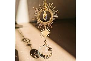 SPANSEE Boho Sun Catchers for Window, Handmade Crystal Suncatcher Beads Ornament, Hanging Rainbow Maker 30mm Crystal Ball Prism Decor Gift, Golden Sunflower Pendant Decor for Garden Patio Car Rear-view Mirror
