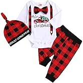 My First Christmas Outfit Infant Baby Boy Long Sleeve Romper Bodysuit + Red Plaid Pants + Merry Christmas Hat Gentleman Christmas Clothing Set